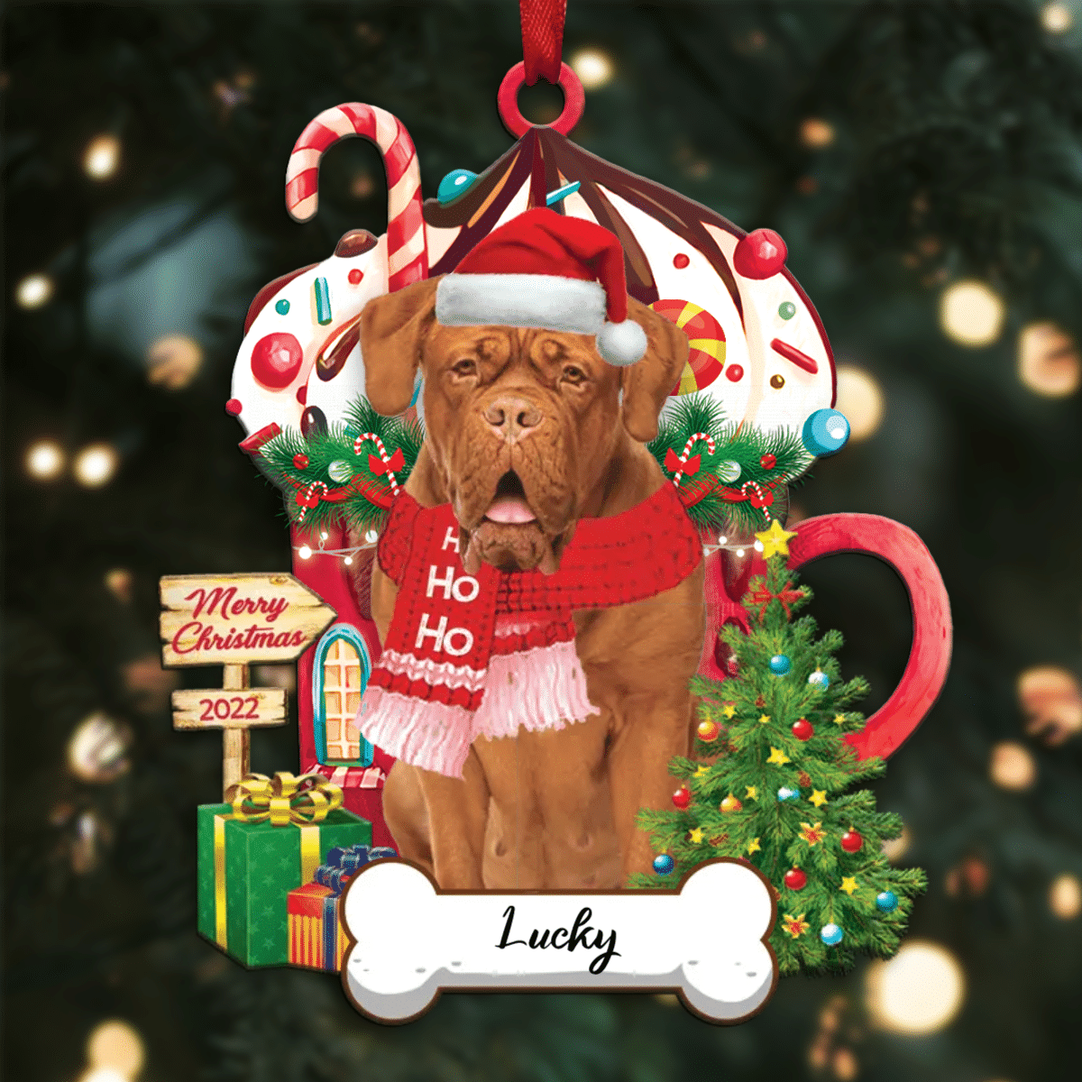 Personalized Ho Ho Ho Dogue De Bordeaux Dog Christmas Ornament