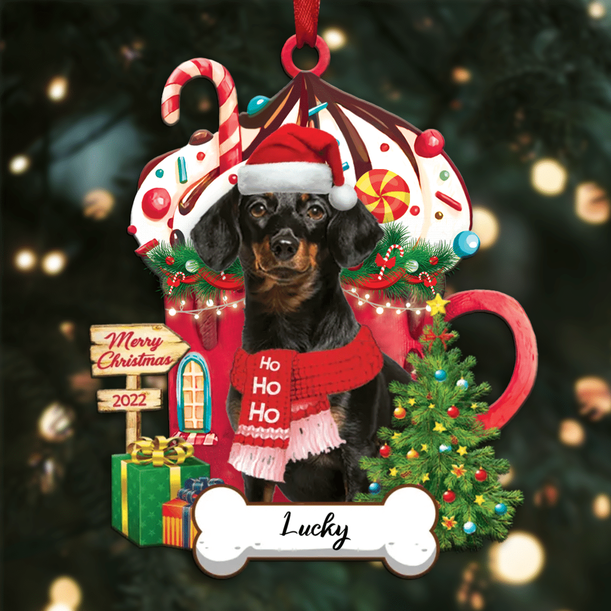 Personalized Ho Ho Ho Yellow Dachshund Dog Christmas Ornament for Dog Lovers
