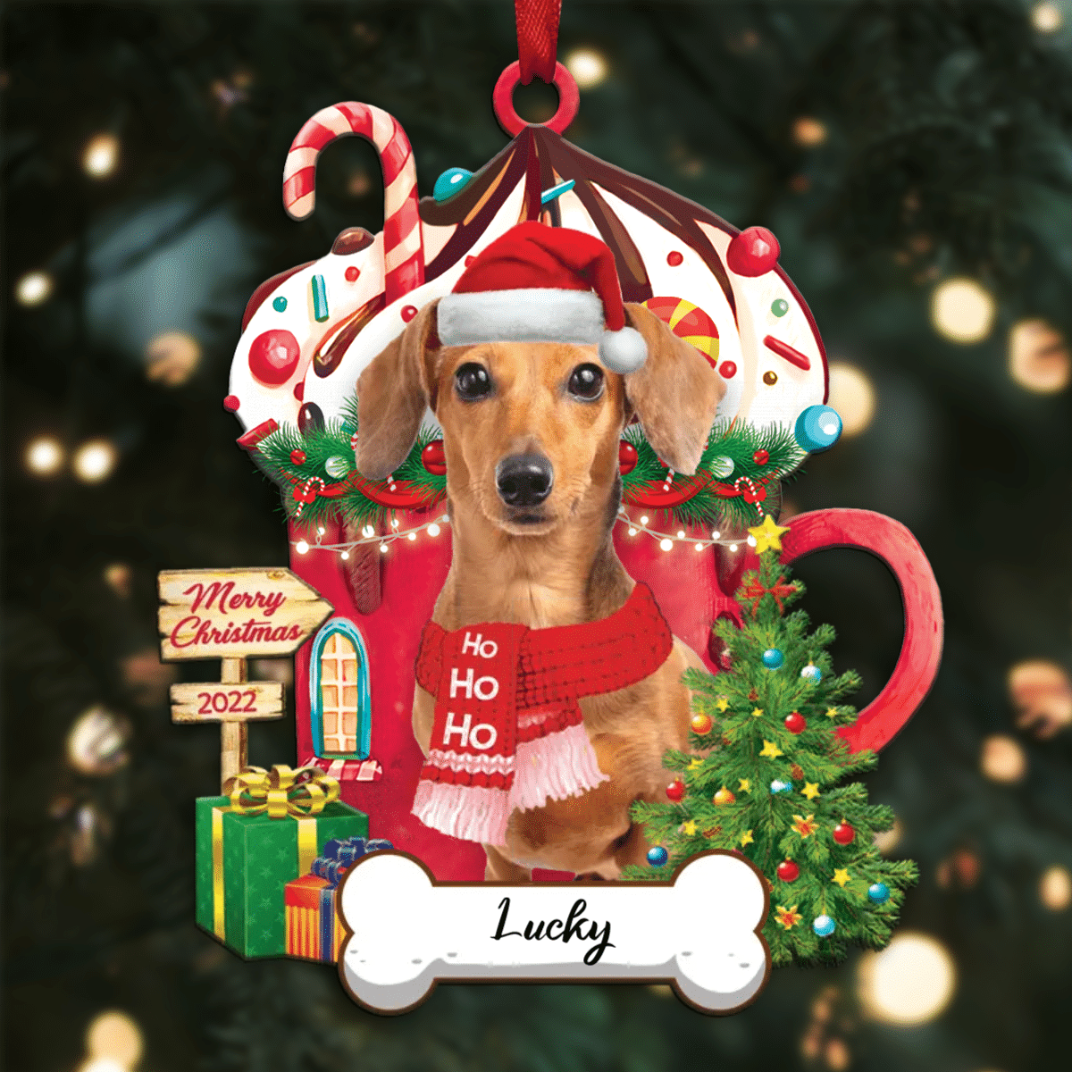 Personalized Ho Ho Ho Yellow Dachshund Dog Christmas Ornament for Dog Lovers
