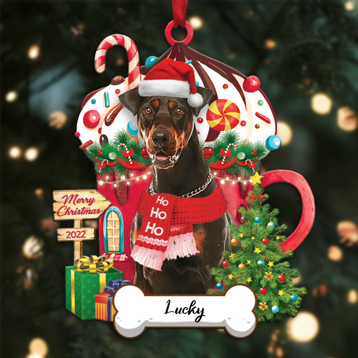 Personalized Ho Ho Ho Doberman Dog Christmas Ornament for Dog Lovers