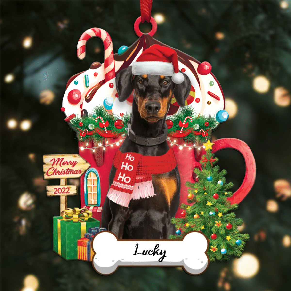 Personalized Ho Ho Ho Doberman Dog Christmas Ornament for Dog Lovers