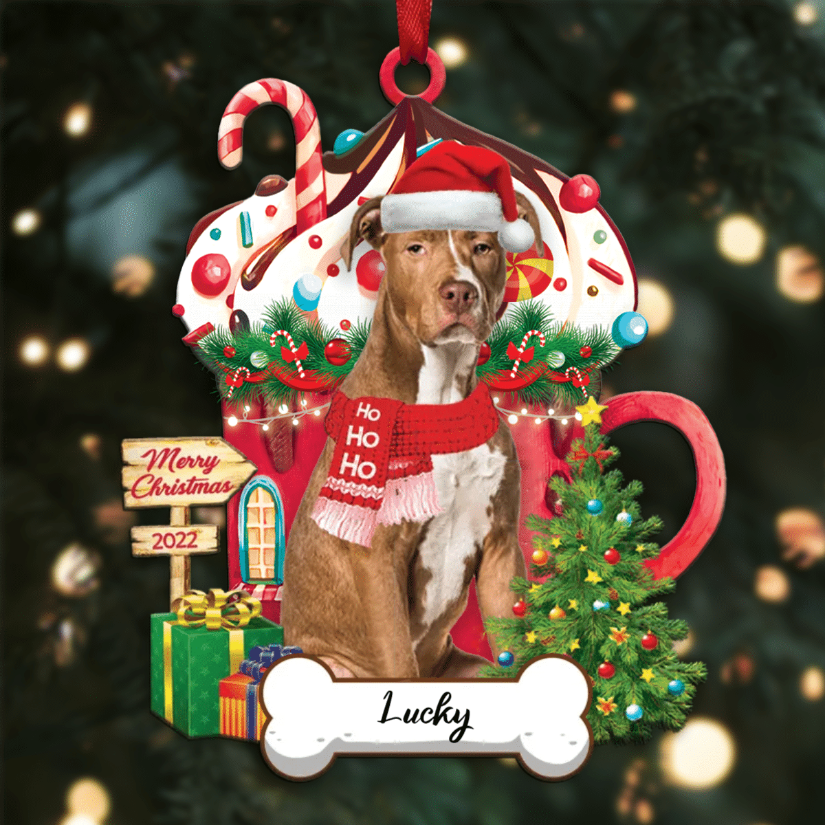 Personalized Ho Ho Ho Pitbull Dog Christmas Ornament for Dog Lovers