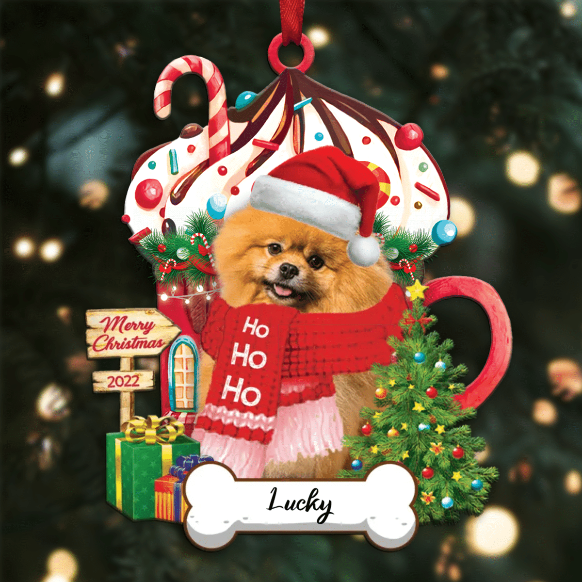 Personalized Ho Ho Ho Yellow Pomeranian Spitz Dog Christmas Ornament for Dog Lovers