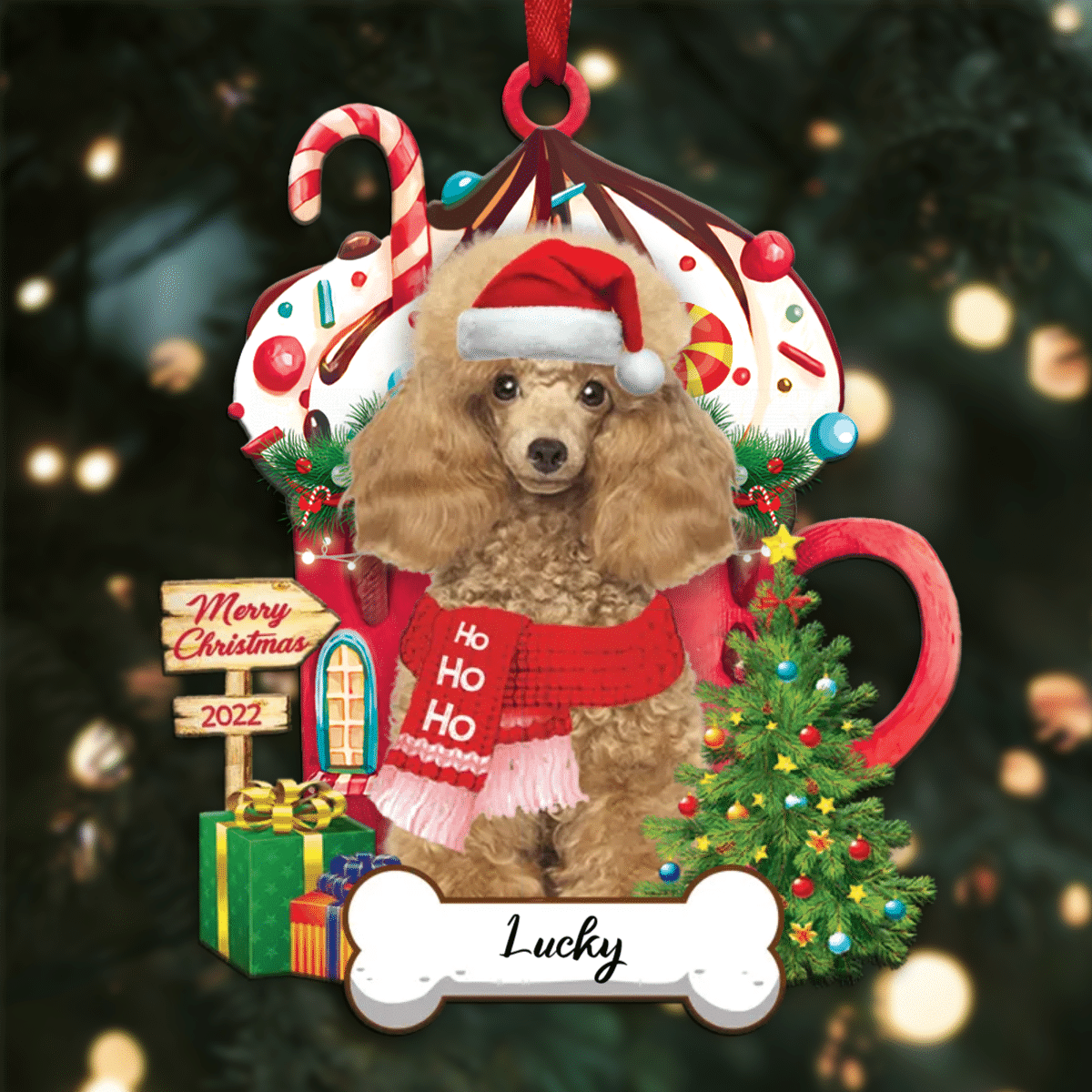 Personalized Ho Ho Ho Yellow Poodle Miniature Dog Christmas Ornament for Dog Lovers