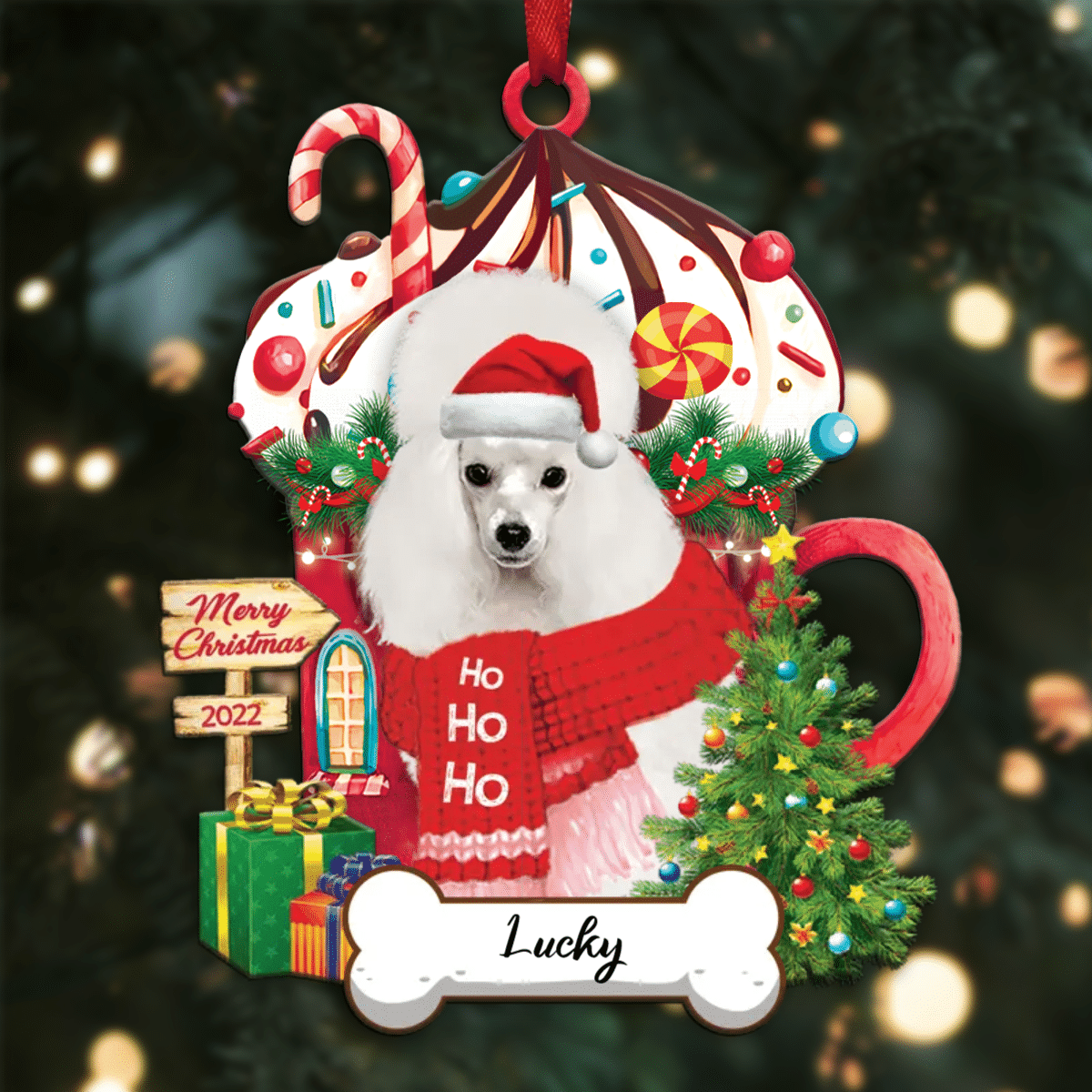 Personalized Ho Ho Ho Yellow Poodle Miniature Dog Christmas Ornament for Dog Lovers