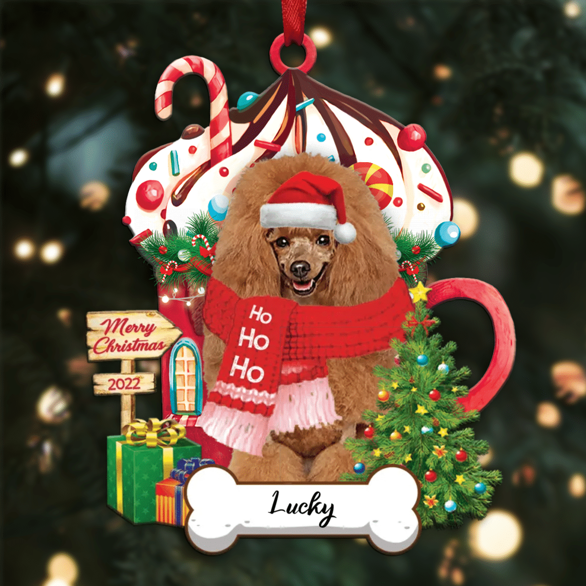 Personalized Ho Ho Ho Yellow Poodle Standard Dog Christmas Ornament for Dog Lovers