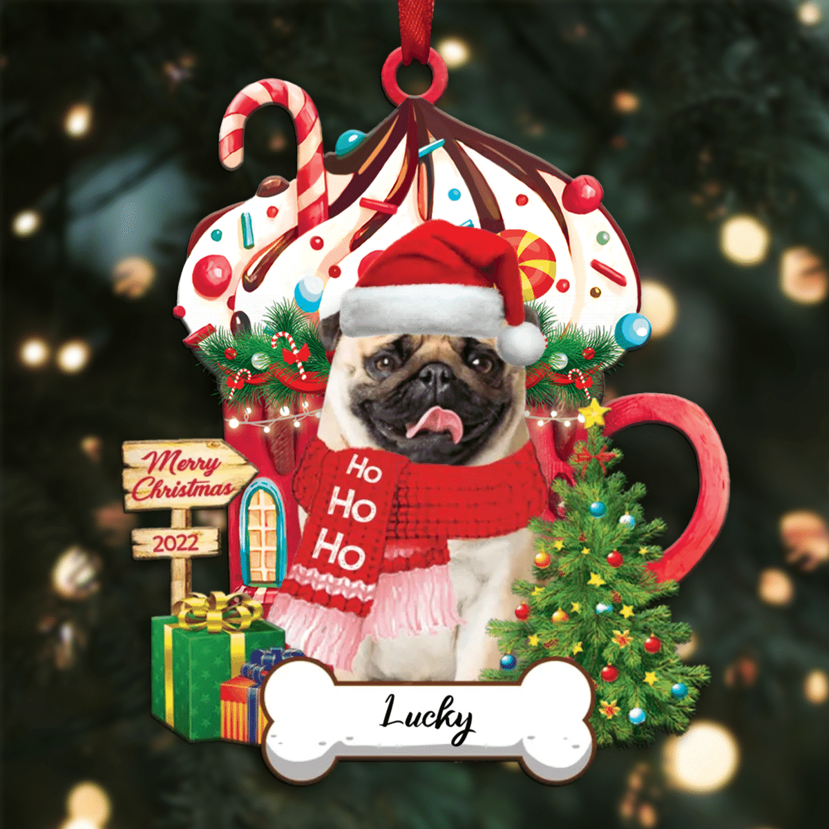 Personalized Ho Ho Ho Pug Dog Christmas Ornament for Dog Lovers