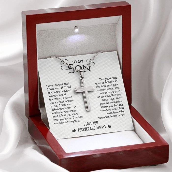 To My Son - No Regrets - Cross Necklace With Message Card - Son Gift For Birthday/ Special Gift From Mom/ Dad