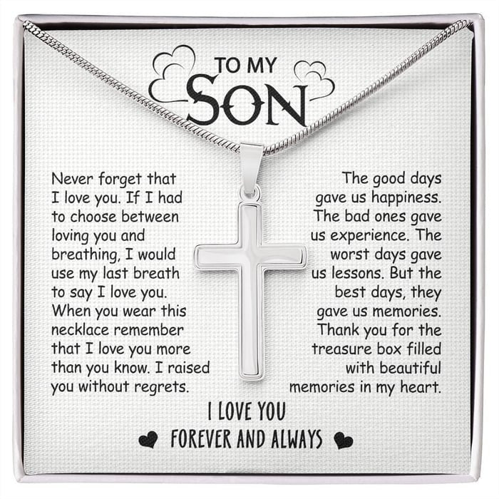 To My Son - No Regrets - Cross Necklace With Message Card - Son Gift For Birthday/ Special Gift From Mom/ Dad