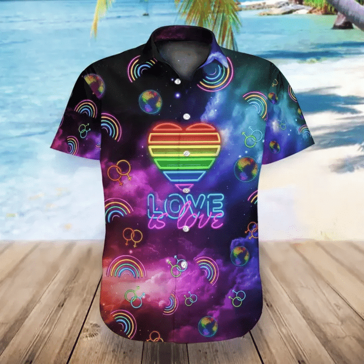 LGBT love is love Aloha Hawaiian Shirts For Summer/ Neon Heart Rainbow Galaxy Pride LGBT Hawaiian Shirts For Men Women