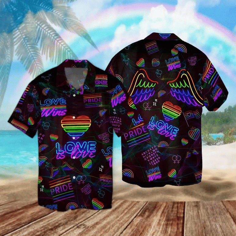 LGBT Aloha Hawaiian Shirts For Summer/ Neon Heart And Wings Rainbow Hawaiian Shirts For Men Women