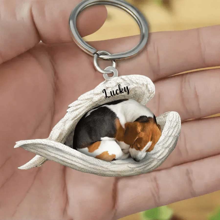 Personalized Beagle Sleeping Angle Keychain/ Custom Name Dog Acrylic Flat Keychain