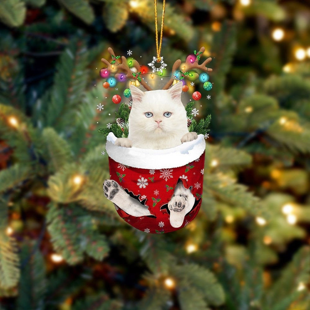 Funny White Cat In Snow Pocket Christmas Ornament Flat Acrylic Cat Ornament