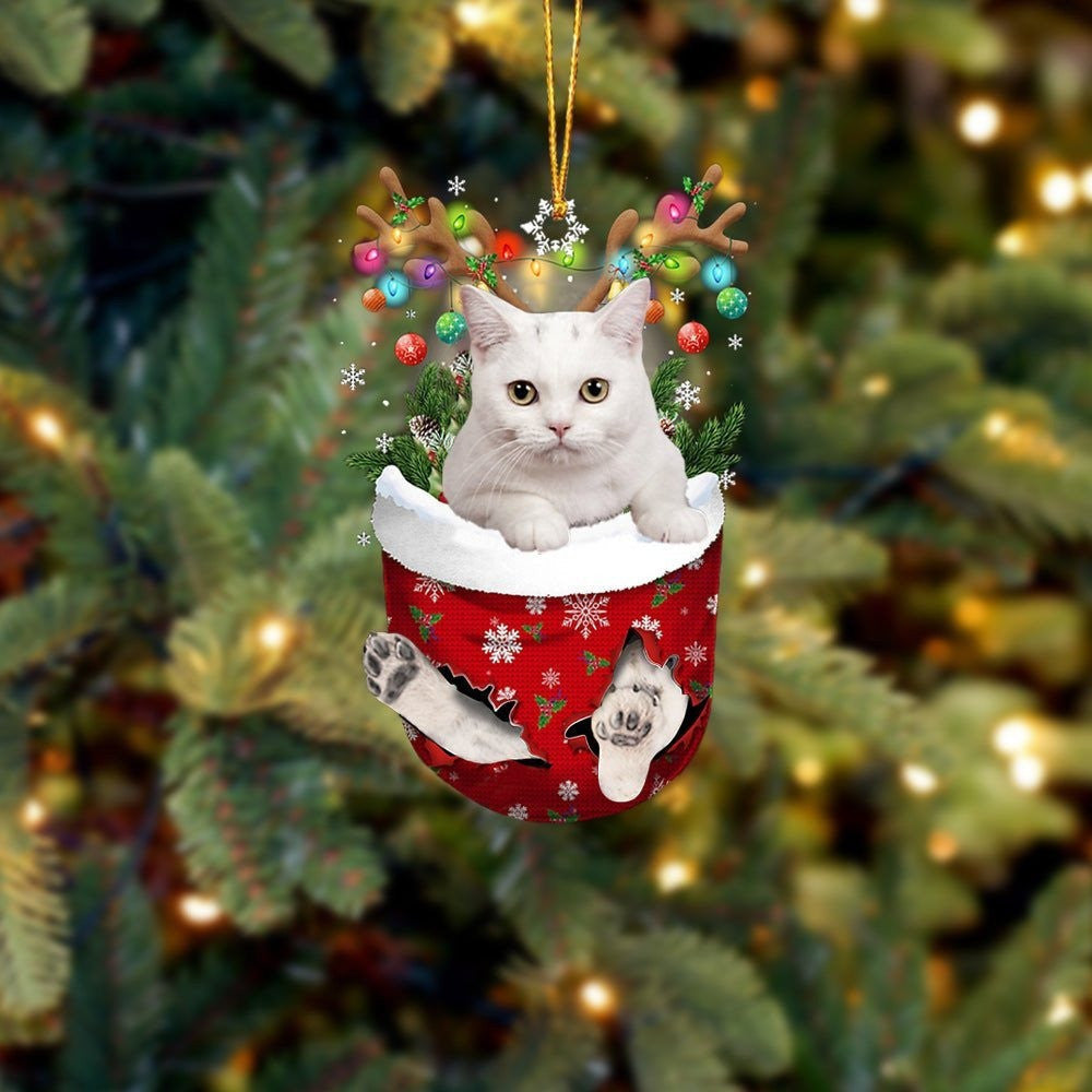 Funny White Cat In Snow Pocket Christmas Ornament Flat Acrylic Cat Ornament