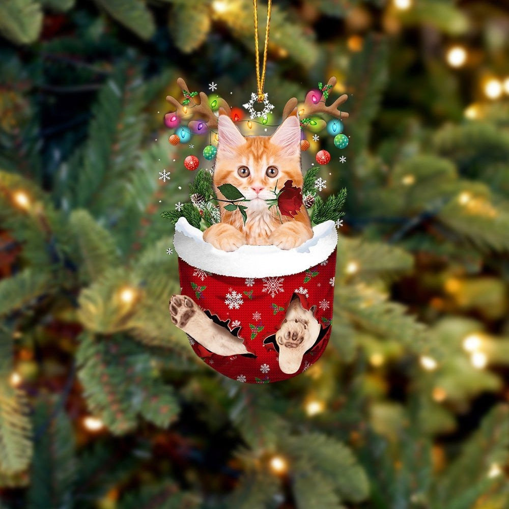 Funny Maine Coon Cat In Snow Pocket Christmas Ornament Flat Acrylic Cat Ornament