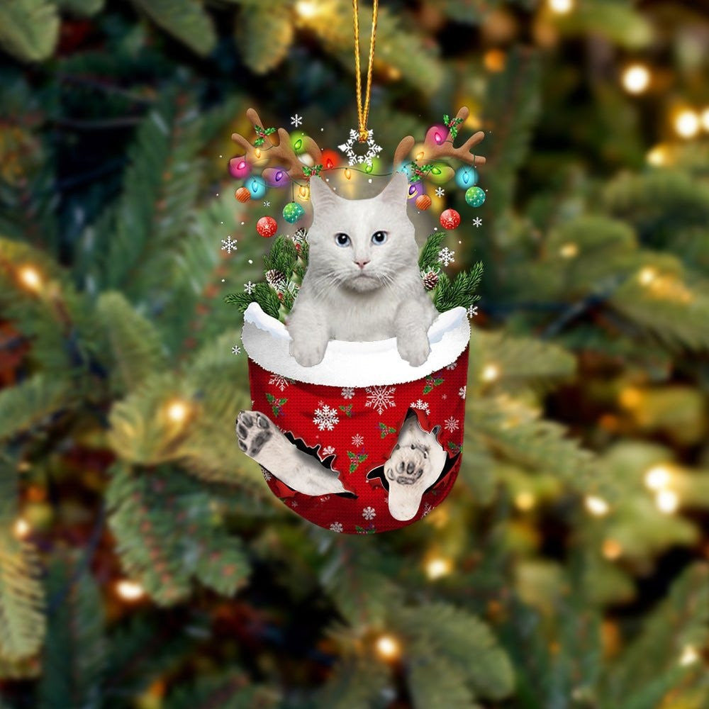 Funny Turkish Angora Cat In Snow Pocket Christmas Ornament Flat Acrylic Cat Ornament