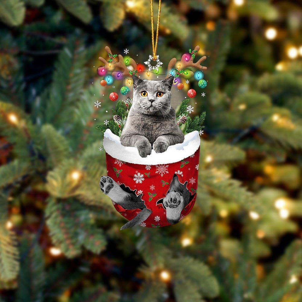 Grey Cat In Snow Pocket Christmas Ornament Flat Acrylic Cat Ornaments
