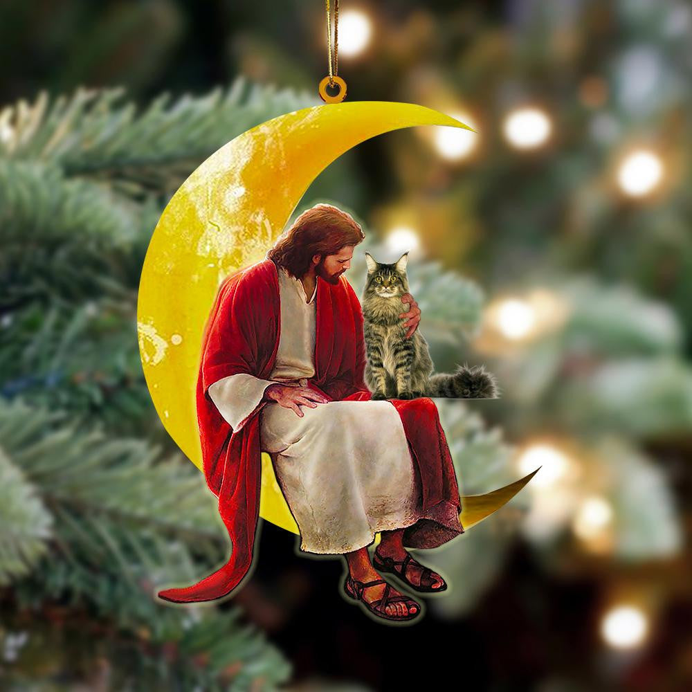Maine Coon And Jesus Sitting On The Moon Hanging Acrylic Ornament for Cat Lover