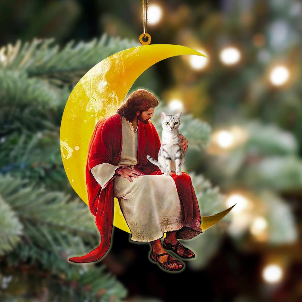 American Shorthair And Jesus Sitting On The Moon Hanging Acrylic Ornament for Cat Lover