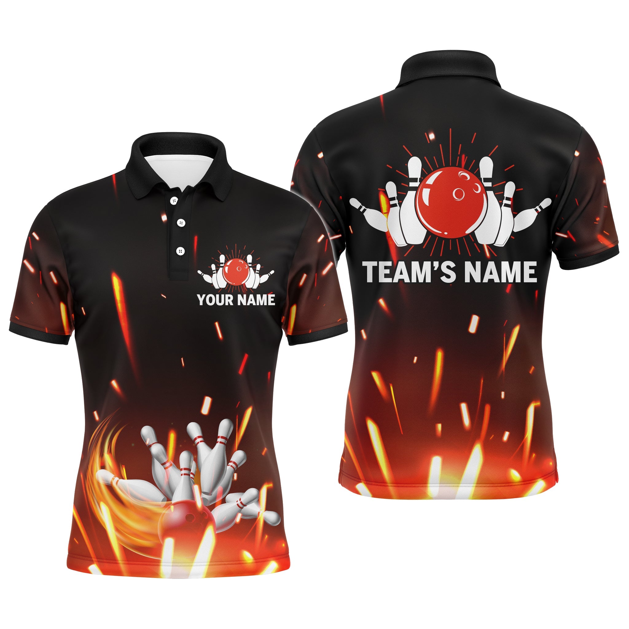 Personalized Men Bowling Polo Shirt Flame Bowling Ball and Pins Short Sleeve Polo for Team Bowlers