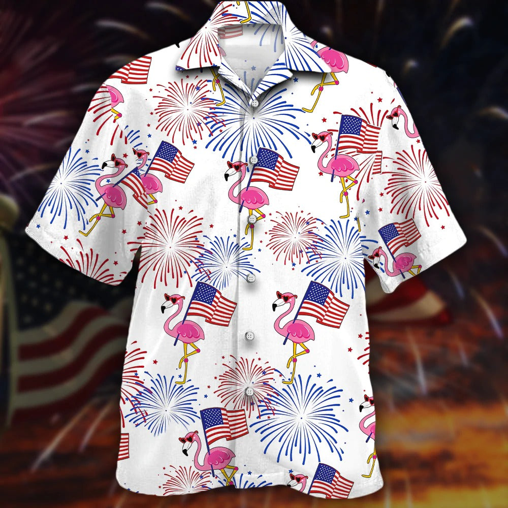 Cool Flamingo Hawaiian Shirt/ Independence Day Is Coming Aloha Beach Shirts/ American Flag Flamingo Hawaii Shirt