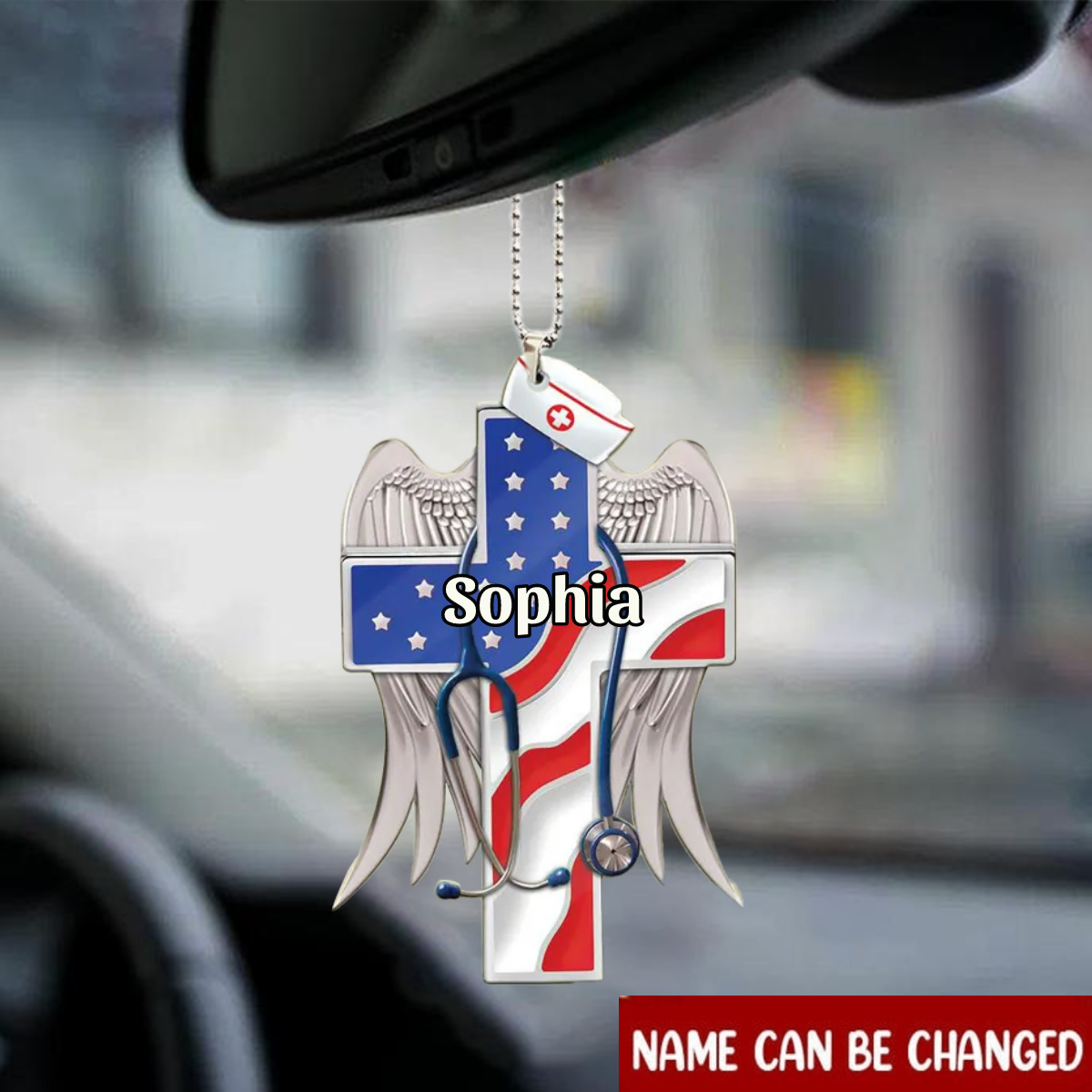 Personalized Flat Car Hanging Ornament Nurse Cross Us Flag/ Car Mirror Decor For Nurse