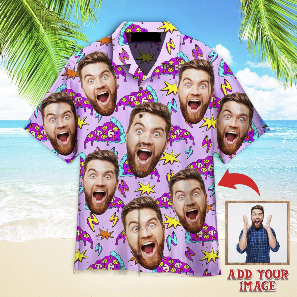 Funny Custom Face Pizza Slices Strikes Custom Hawaiian Shirt/ Personalized Hawaiian Shirts/ Custom Photo Hawaiian Shirt
