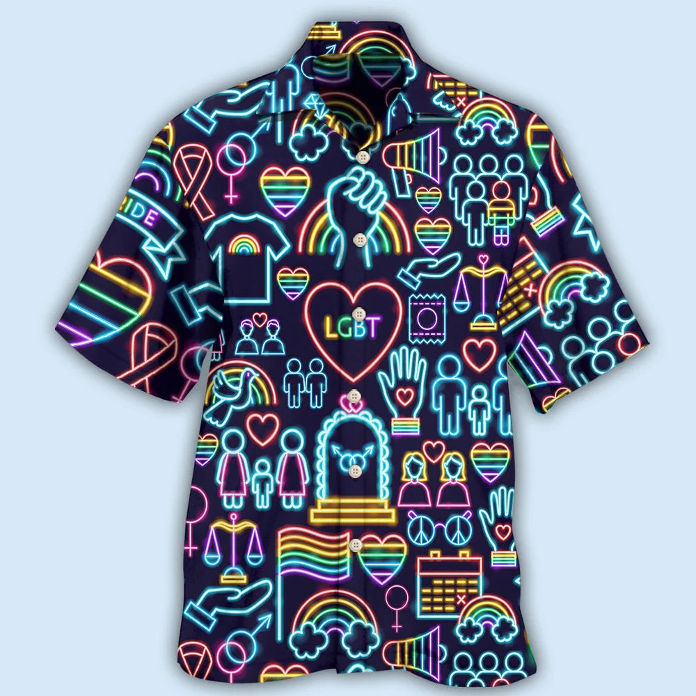 LGBT Aloha Hawaiian Shirts For Summer/ Symbols Neon Colorful Rainbow LGBT Pride Hawaiian Shirts