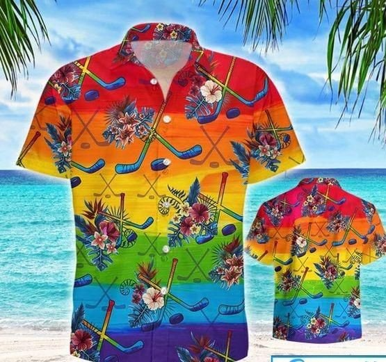 Hockey LGBT Aloha Hawaiian Shirts For Summer/ Hockey Tropical Colorful Rainbow LGBT Hawaiian Shirts/ Pride Gift For Gaymer And Lesbian