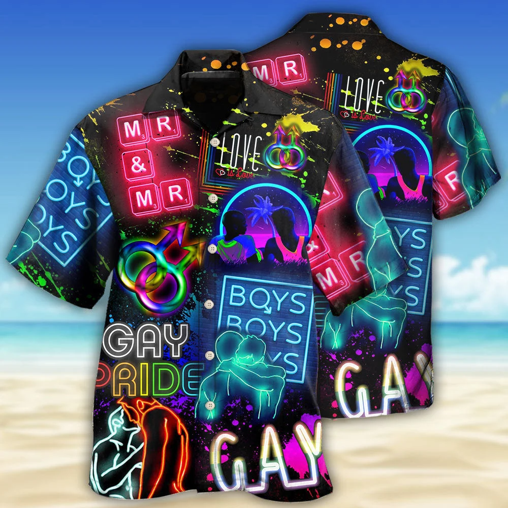 LGBT Aloha Hawaiian Shirts For Summer/ Neon Art Boy Gay Pride Colorful Rainbow LGBT Hawaiian Shirts