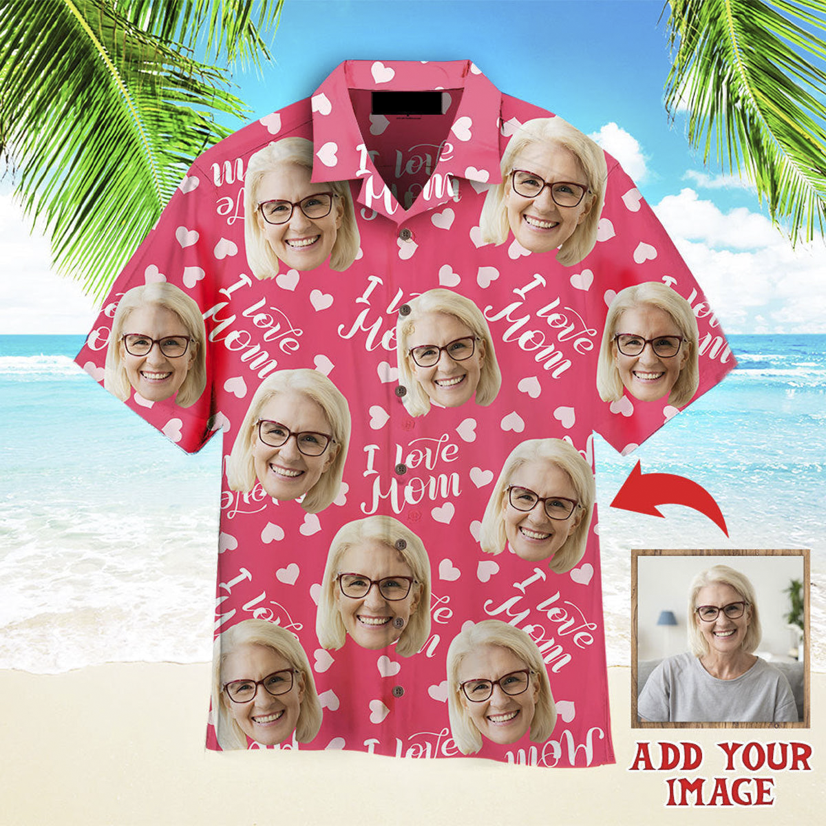 Custom Face Love Mom Pink Seamless Custom Hawaiian Shirt/ Personalized Hawaiian Shirts/ Custom Photo Hawaiian Shirt