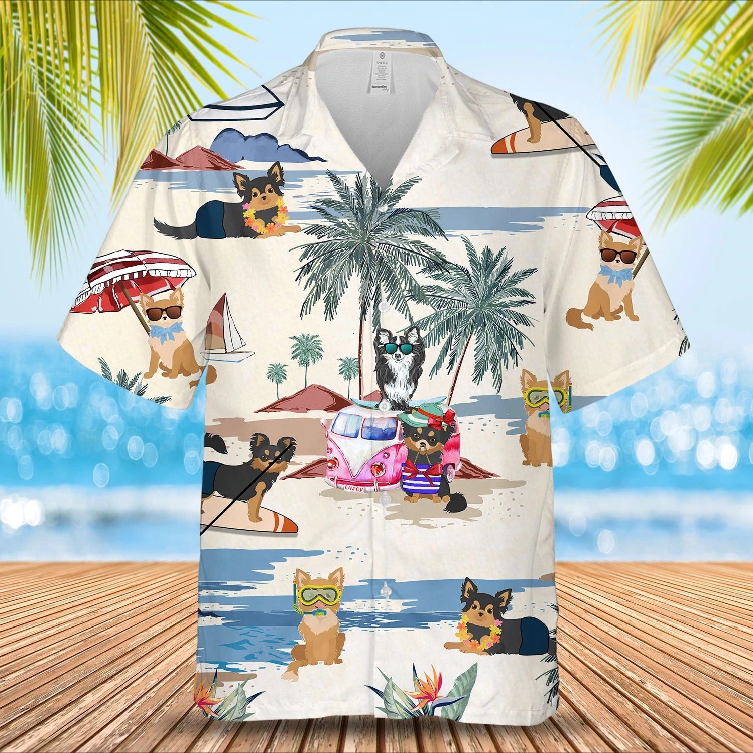Chihuahua Longhair Summer Beach Hawaiian Shirt/ Short Sleeve Dog Aloha Beach Shirt For Men And Woman