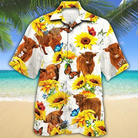 Highland Cattle Lovers Sun Flower Hawaiian Shirt/ Unisex Print Aloha Short Sleeve Casual Shirt