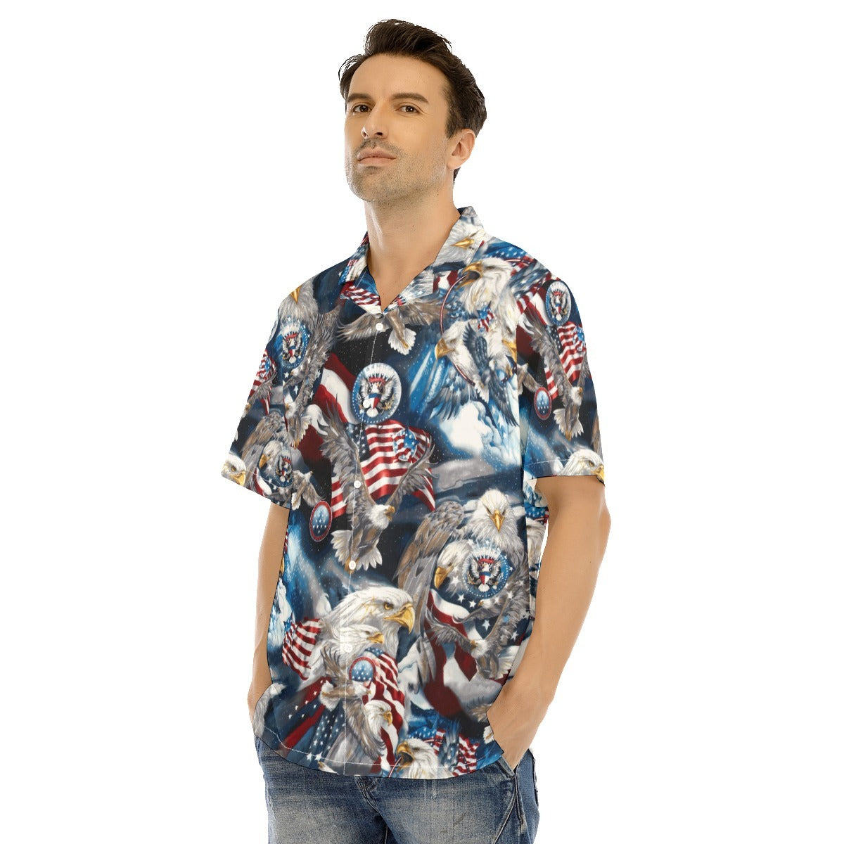 Hawaiian Camp Collar Short Sleeve Button-Down Shirt Eagles Americana/ Independence Day Hawaii Shirt