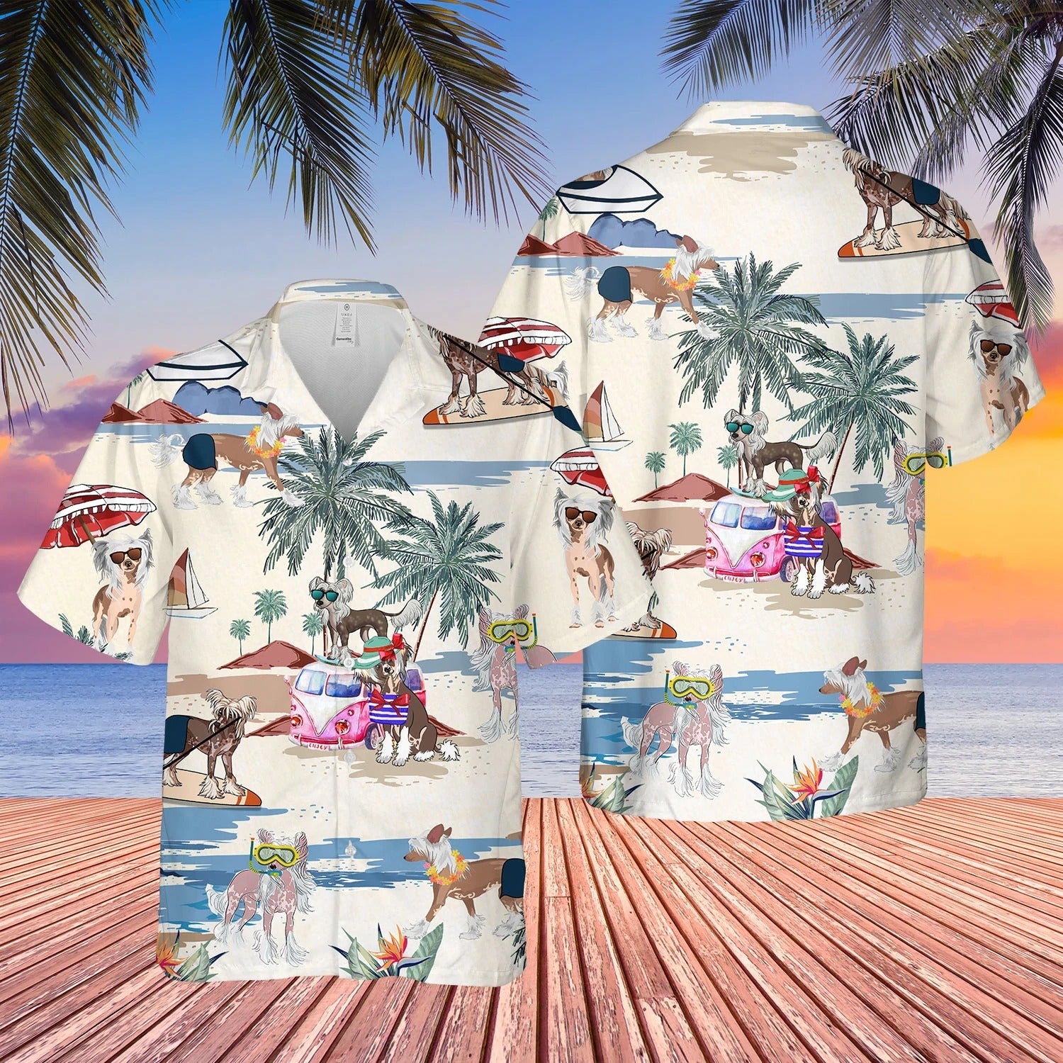 Chinese Crested Dog Summer Beach Hawaiian Shirt/ Short Sleeve Dog Aloha Beach Shirt For Men And Woman