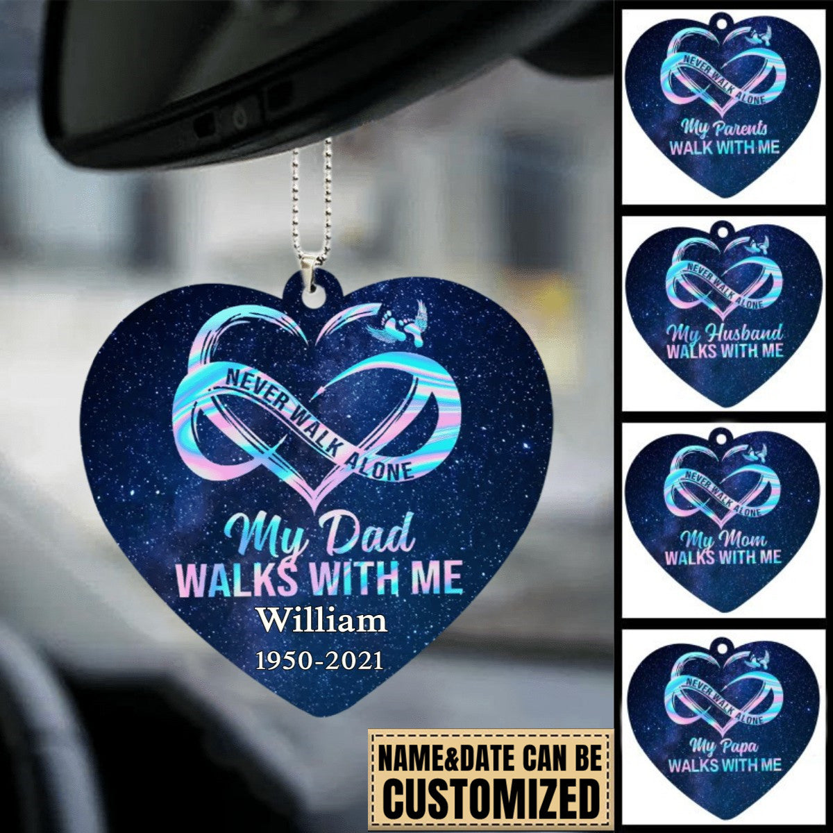 Personalized Family Never Walk Alone Heart Memorial Car Hanging Ornament