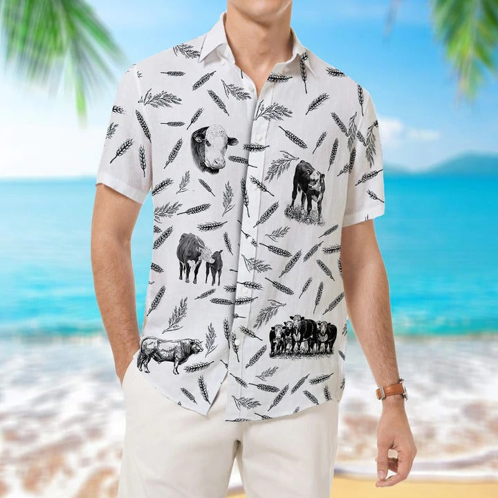 Hereford Cattle Pattern Hawaiian/ Unisex Print Aloha Short Sleeve Casual Shirt/ Gift For Cow Lover