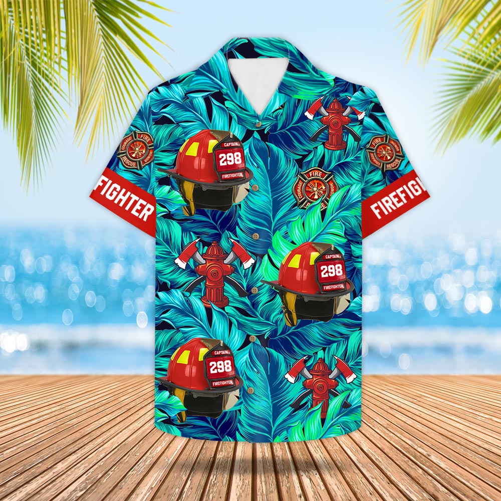 Custom Hawaiian Shirt Gift For Firefighter - Personalized Gifts For Fireman - Firefighter Helmet Tropical Pattern Hawaiian Shirt