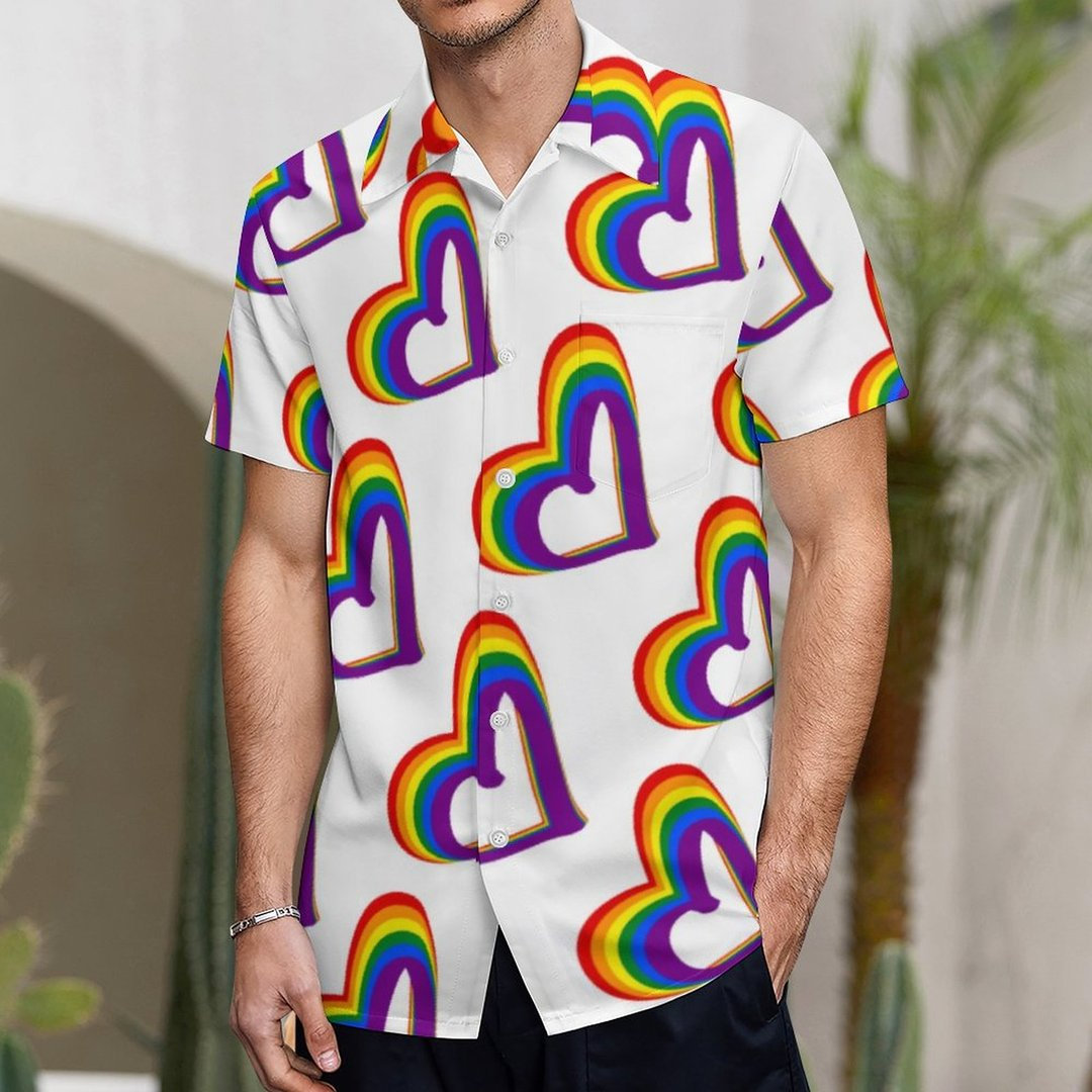 Cute Lgbt Rainbow Flag Hearts Pattern Gay Pride Hawaiian Vintage Shirt Mens Button Down Tropical Hawaii Beach Shirts