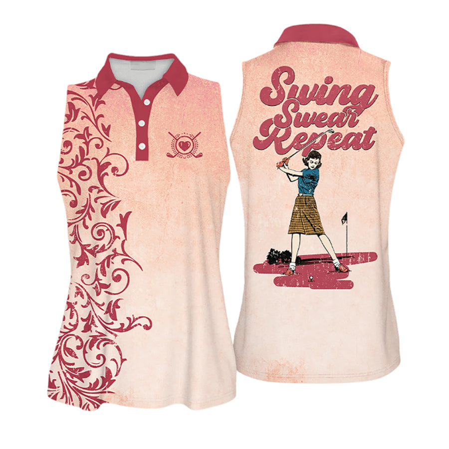 Golf Vintage Pattern Swing Swear Repeat Golfer Gift Polo Shirt for women/ Women Golf Shirts