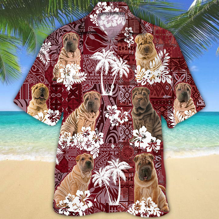 Shar Pei Hawaiian Shirt/ Cute Dog Hawaii Shirts Red Tribal Pattern