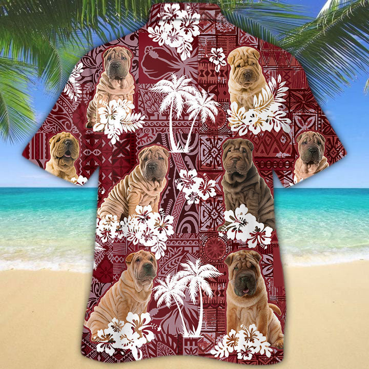 Shar Pei Hawaiian Shirt/ Cute Dog Hawaii Shirts Red Tribal Pattern