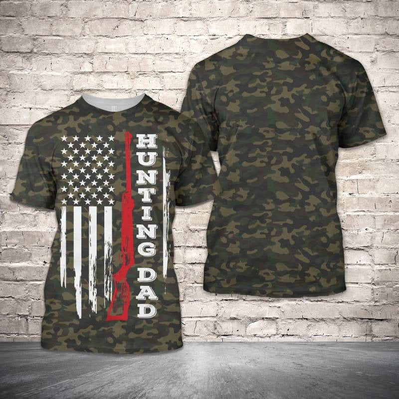 3D All Over Printing Shirt For Father/ Hunting Dad In Usa Flag Background Tee 3D For Dad