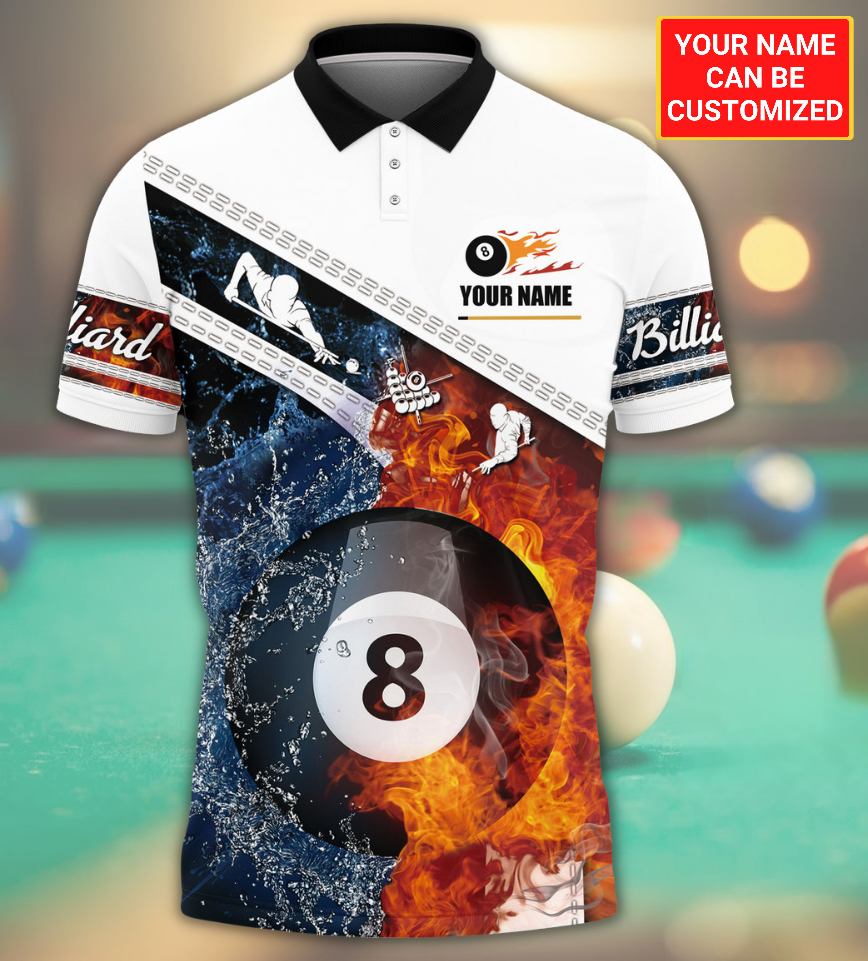 Custom Name Billiard 3D Shirt Uniform/ Billiard Fire Polo Shirt All Over Print/ Billiard Team Uniform