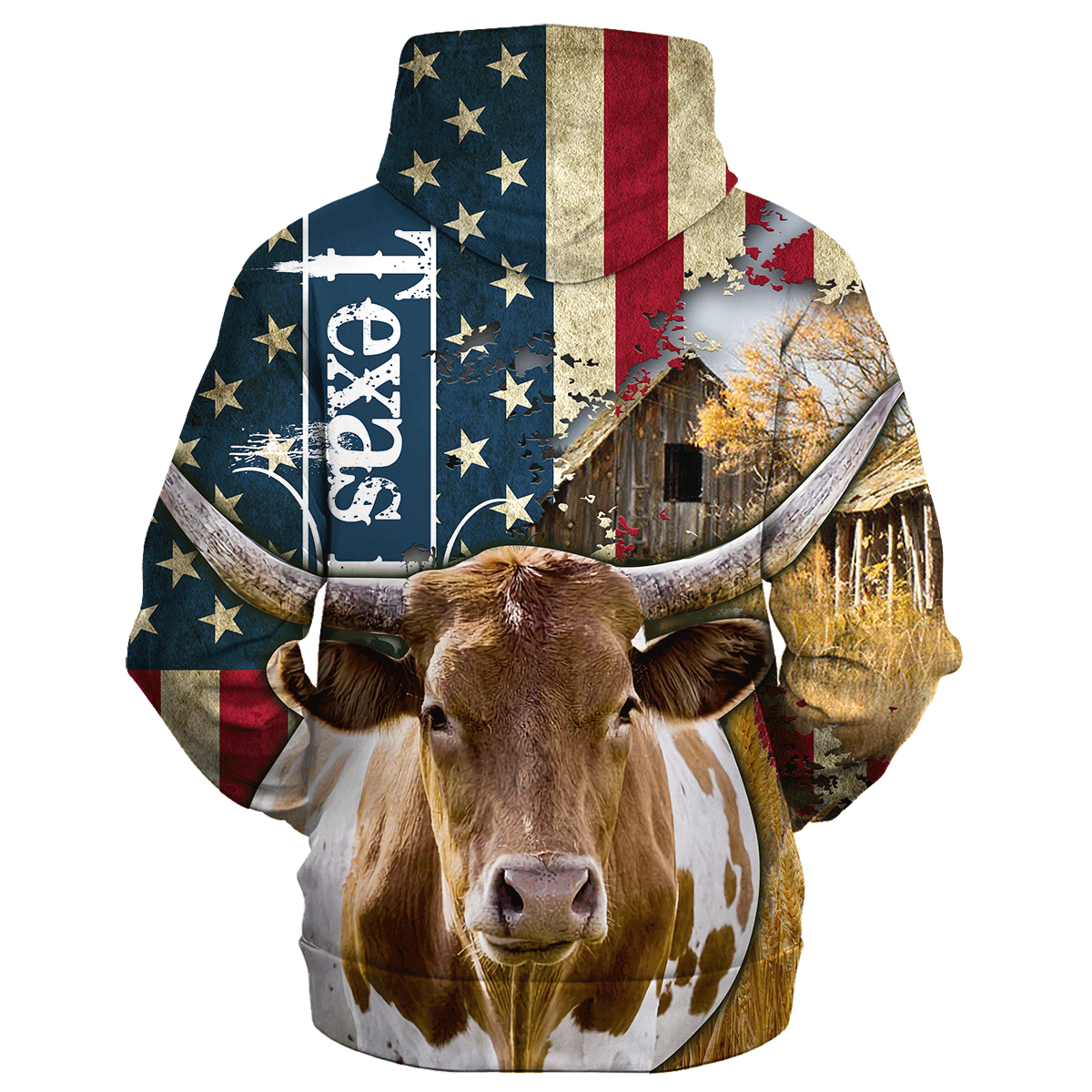 Texas Longhorn Farm With America Flag Hoodie