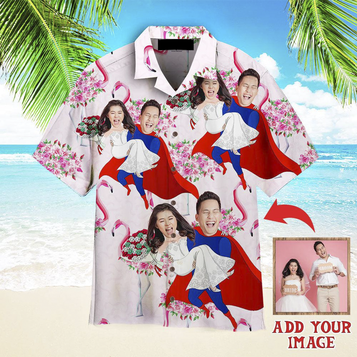 Funny Custom Face Beautiful Happy Wedding Couple Pink Flamingo Custom Hawaiian Shirt/ Personalized Hawaiian Shirts/ Custom Photo Hawaiian Shirt