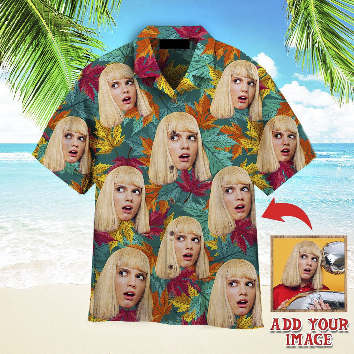Funny Custom Face On Colorful Autumn Maple Leaves Custom Hawaiian Shirt/ Personalized Hawaiian Shirts/ Custom Photo Hawaiian Shirt