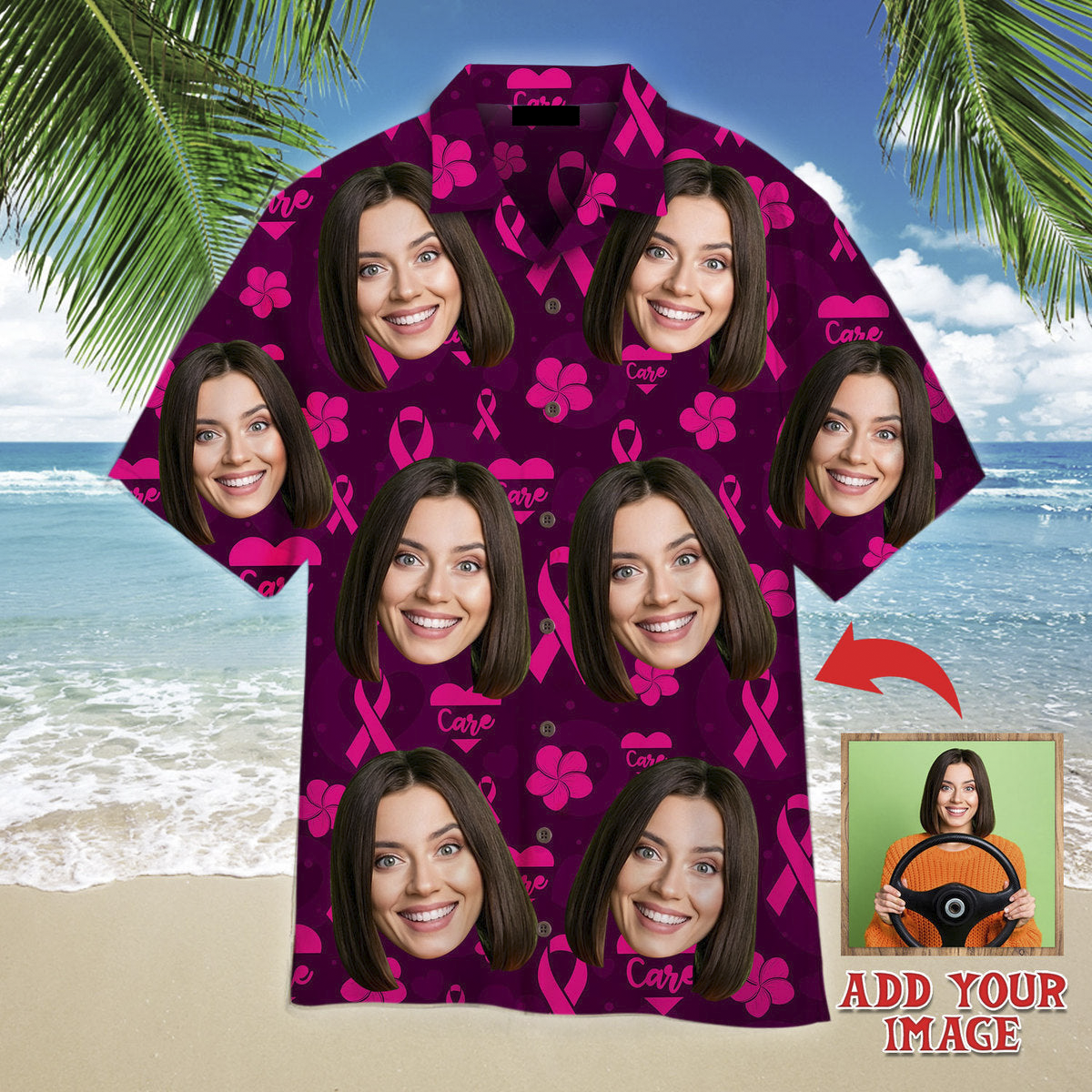 Custom Face On Breast Cancer Ribbons Awareness Custom Hawaiian Shirt/ Personalized Hawaiian Shirts/ Custom Photo Hawaiian Shirt