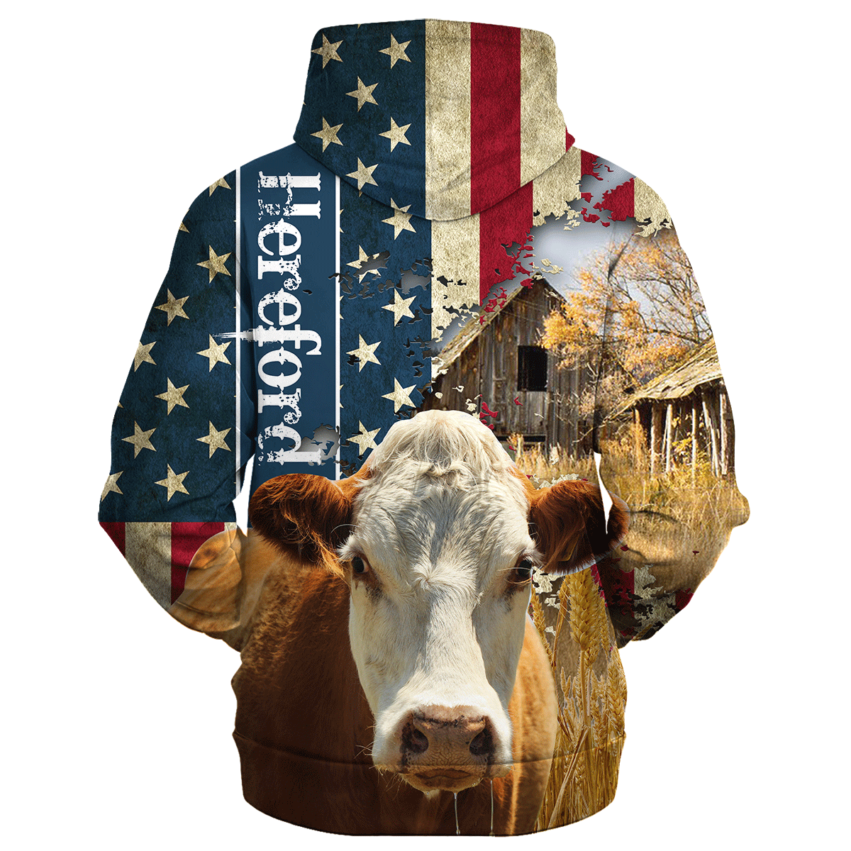 Hereford Farm With America Flag Hoodie/ Cow Usa Flag Pattern Hoodies