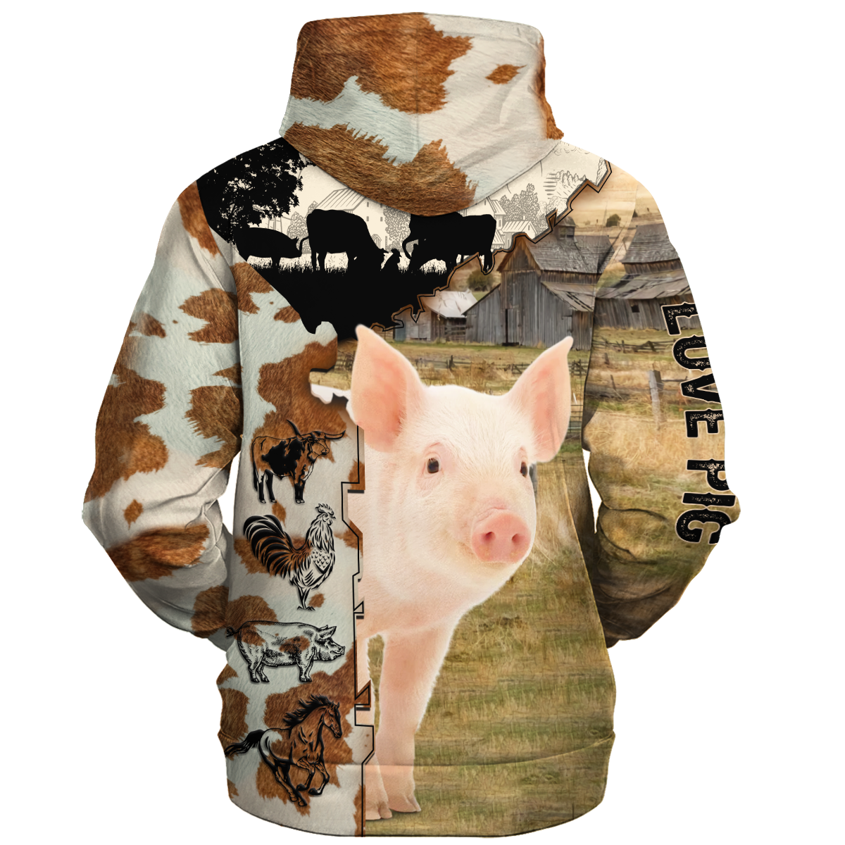 Pig Fur Pattern On The Farm Hoodie/ 3D Print Pig Hoodie For Her Him/ Unisex Animal Hoodie